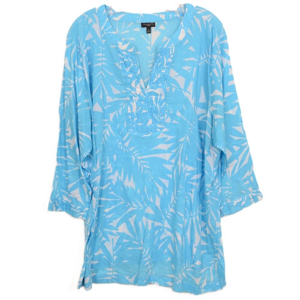 Talbots PLUS Size 2X Blue White Tropical Print 3/4 Sleeve Cotton Tunic‎ Resort